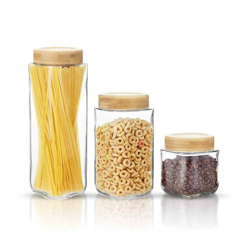 high quality kitchen big glass airtight food jar canister set cereal storage container with wooden bamboo lid