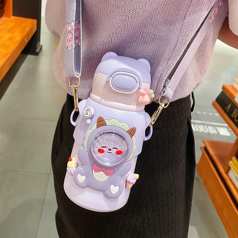 316 Stainless Steel Water Bottle Cartoon Children  Thermal Insulation Bottle Student Carrying Straw Cup Cute Outdoor Travel