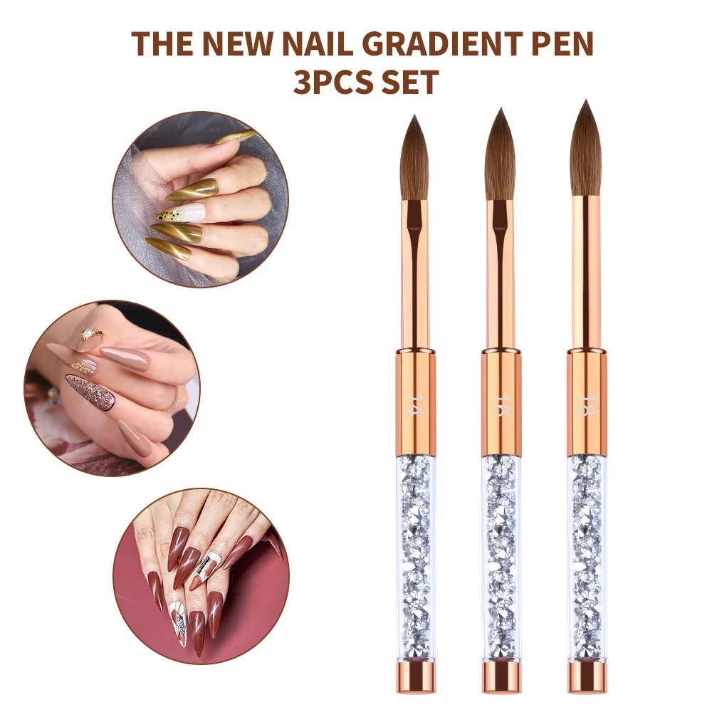 Rose Gold Diamond Handle Kolinsky Acrylic Nail Brush Crimped Size 14 16 18 Nail Powder Brush for Nail Art Manicure Brush Tool