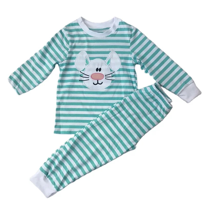 Wholesale baby boys bunny striped children boutique Easter Day outfits embroidery cotton baby boy pajamas set