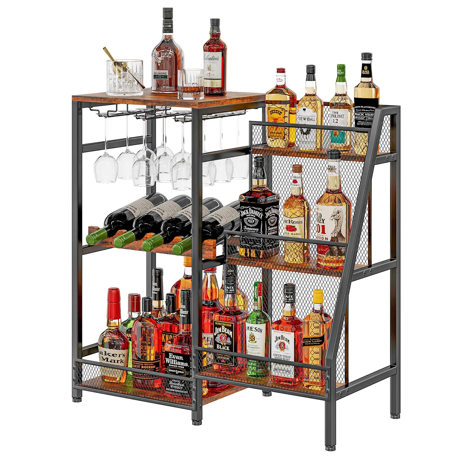 Home Bar Mini Bar Table 3-Tier Trapezoidal Liquor Bottle Display Shelf Freestanding Floor Wine Rack