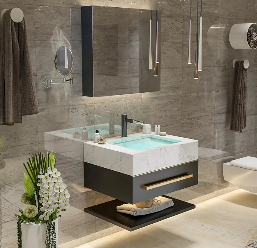 Modern solid wood acrylic surface bathroom furniture wall mounted double deck bathroom cabinet vanity with sink