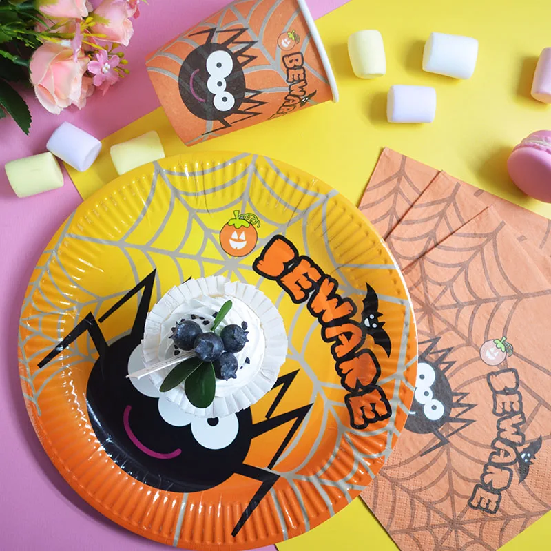 Halloween Disposable Party Cutlery Set Spider Pattern Paper Plate Paper Cup Paper Towel Tablecloth Party & Holiday Supplies