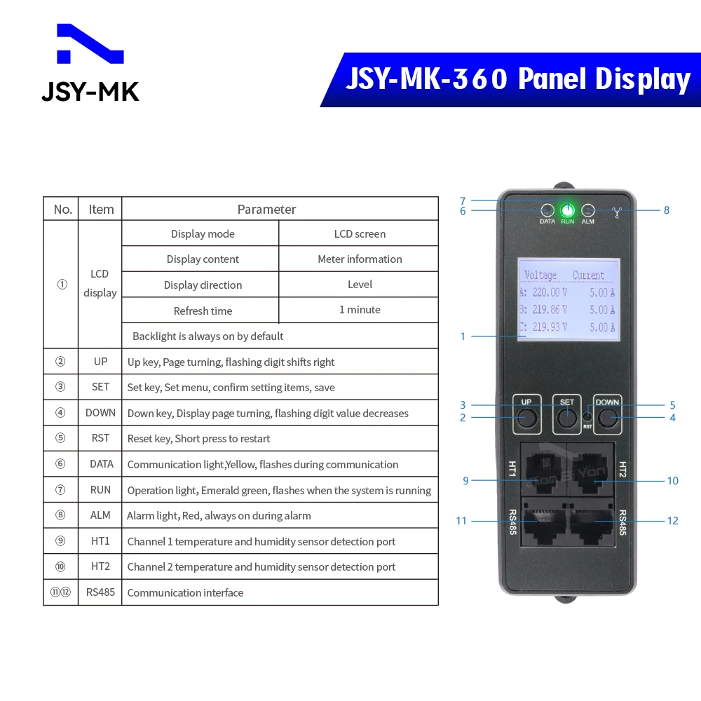 JSY-MK-360 China High Quality LCD 220V Current Volts Power Energy Metered PDU 3P Three Phase for PDU Power Distribution Unit