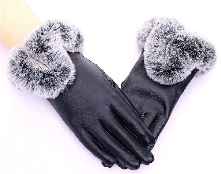 Fashion women warm thick winter gloves leather elegant girls free size with faux rabbit fur female gloves