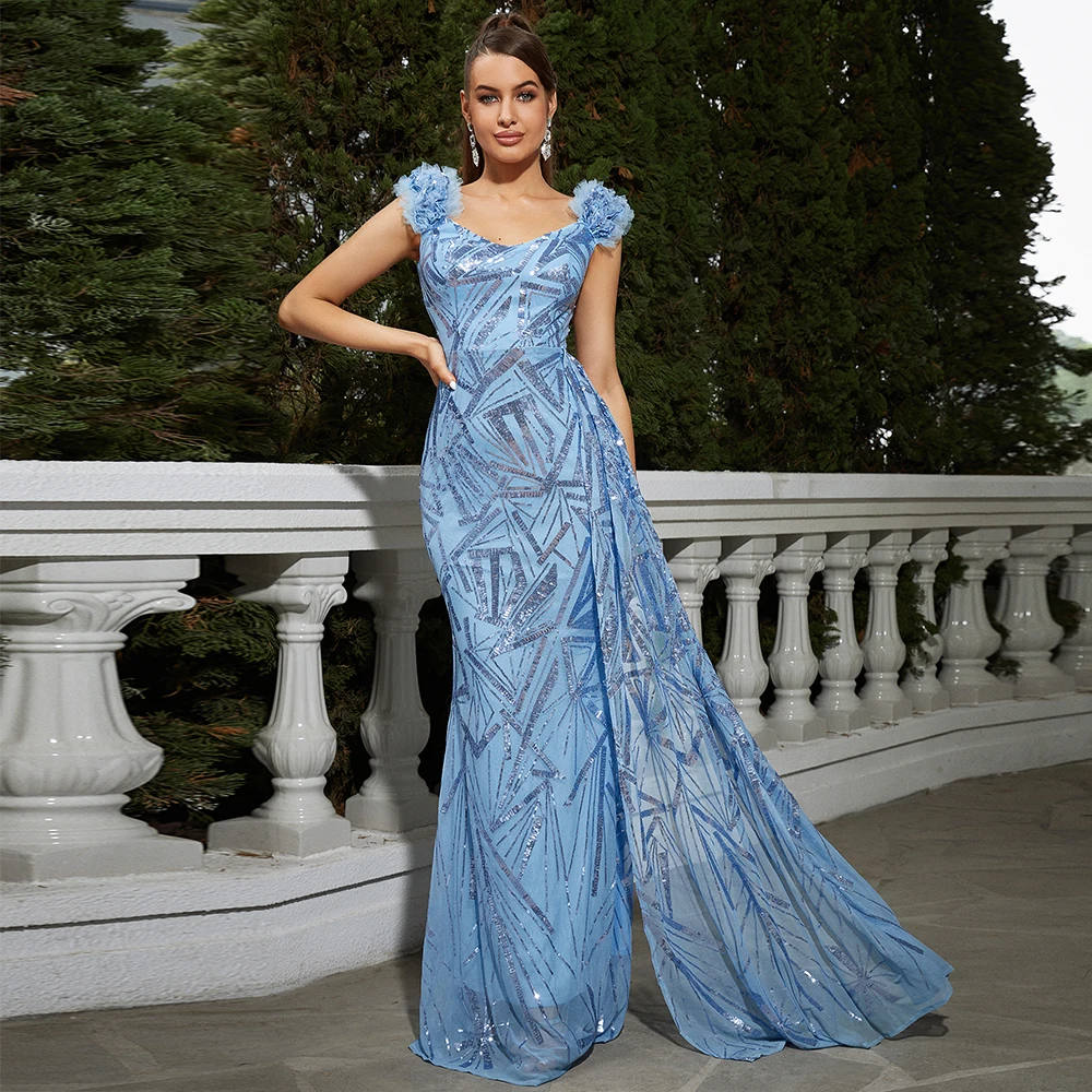 2023 Sexy Sleeveless Haute Couture Ribbon Sequin Mermaid Blue Long Prom Dress Backless Evening Dress