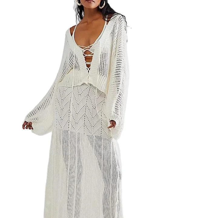 YT Custom sexy white crochet lace-up slouchy 2-pieces maxi skirt with sheer women sweater skirt Set