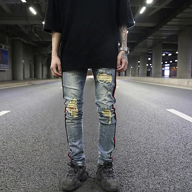 
OEM vintage washed stock dropshipping ripped distressed men track skinny denim jeans pants 