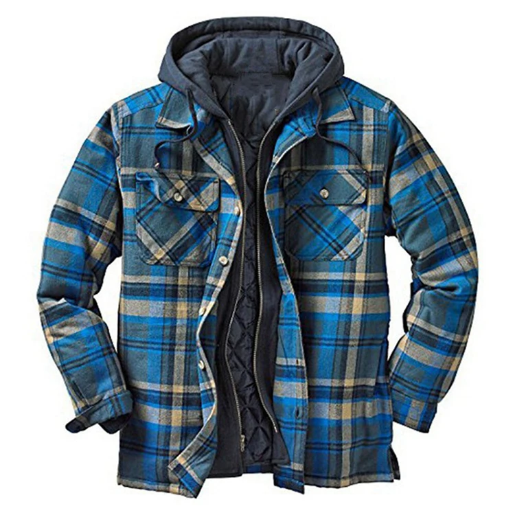 Vintage Plaid Printed Zip Up Pocket Jacket Streetwear Loose Custom Quilted Jacket Plus Size Hooded Coat Man Jacket For Winter