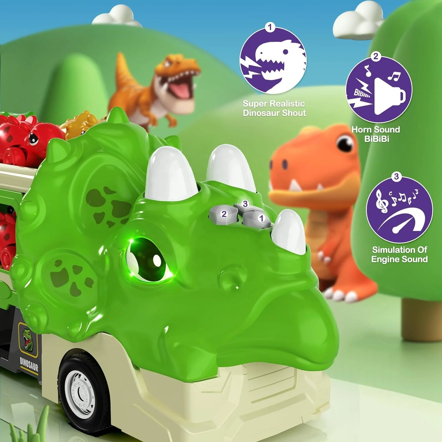 2024 New B/O Dinosaur Truck with 6 Dino Car,Foldable Track 2 Player Race Car with Light And Sound,Catapult Transform vehicle