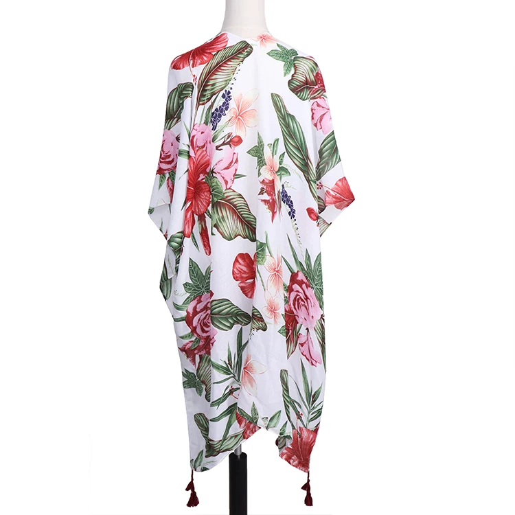 Oversized floral ruana with tassel female flower print spring kimono women polyester print blouse kimono