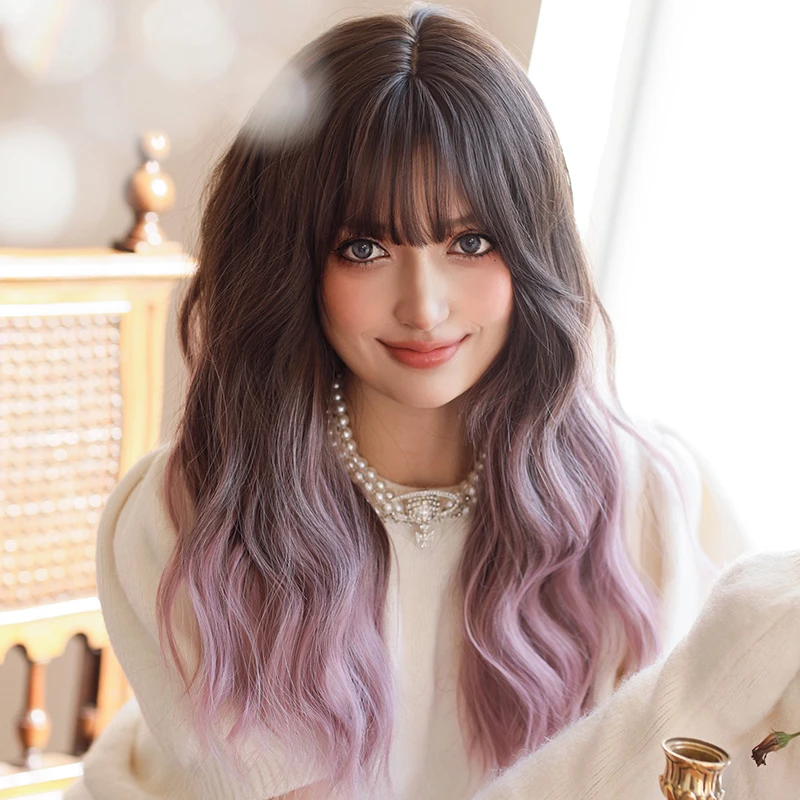 Ombre Purple Wig, Shoulder Length Hair Wavy Wig with Bangs for Women, Heat Resistant Synthetic Purple Pink Curly Wigs for Anime
