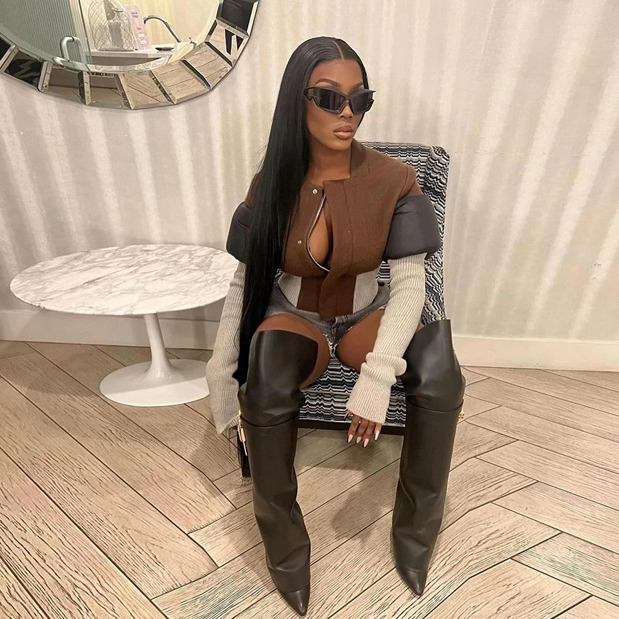 Kliou K23C40298 Women Classic Patchwork Long Sleeve Zip-up Slim Fit Jackets Contrast Color Autumn Coats