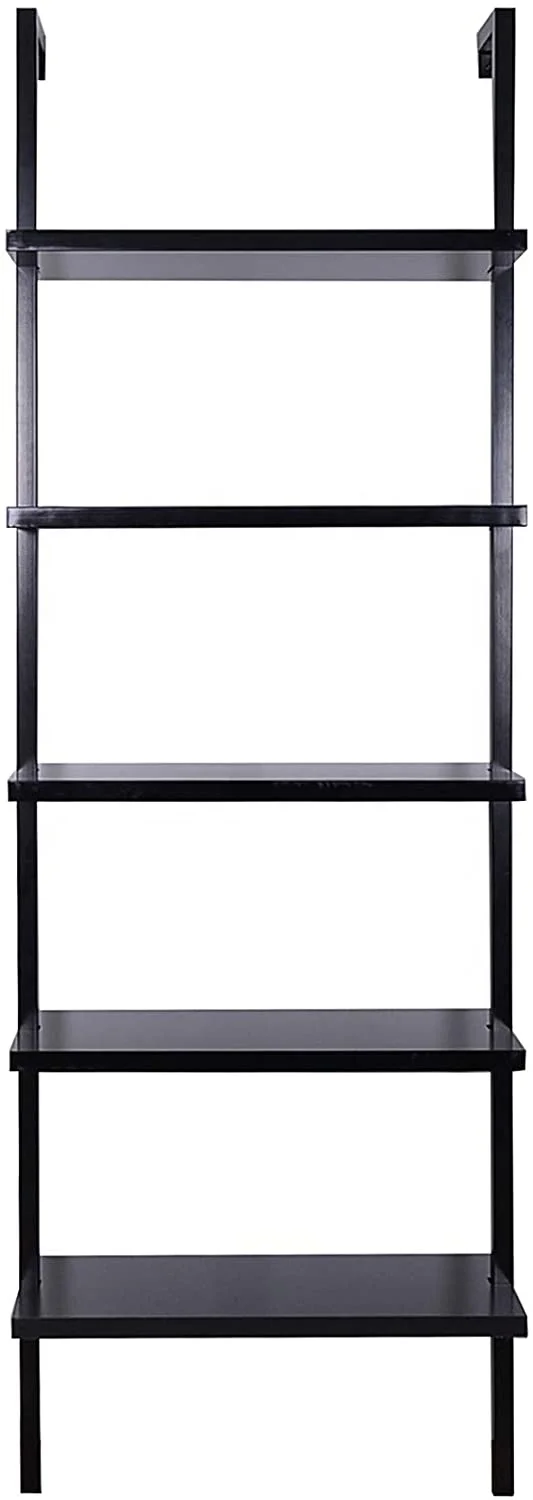 5 Tier Black Modern Bookcase Open Wall Mount Ladder Bookshelf with Industrial Metal Frame