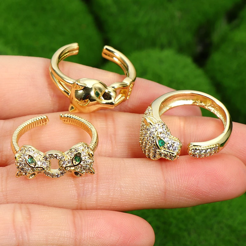 Real 18k Gold Plated Crystal CZ Animal Leopard Open Rings Adjustable Micro Pave Cubic Zirconia Cheetah Finger Ring for men