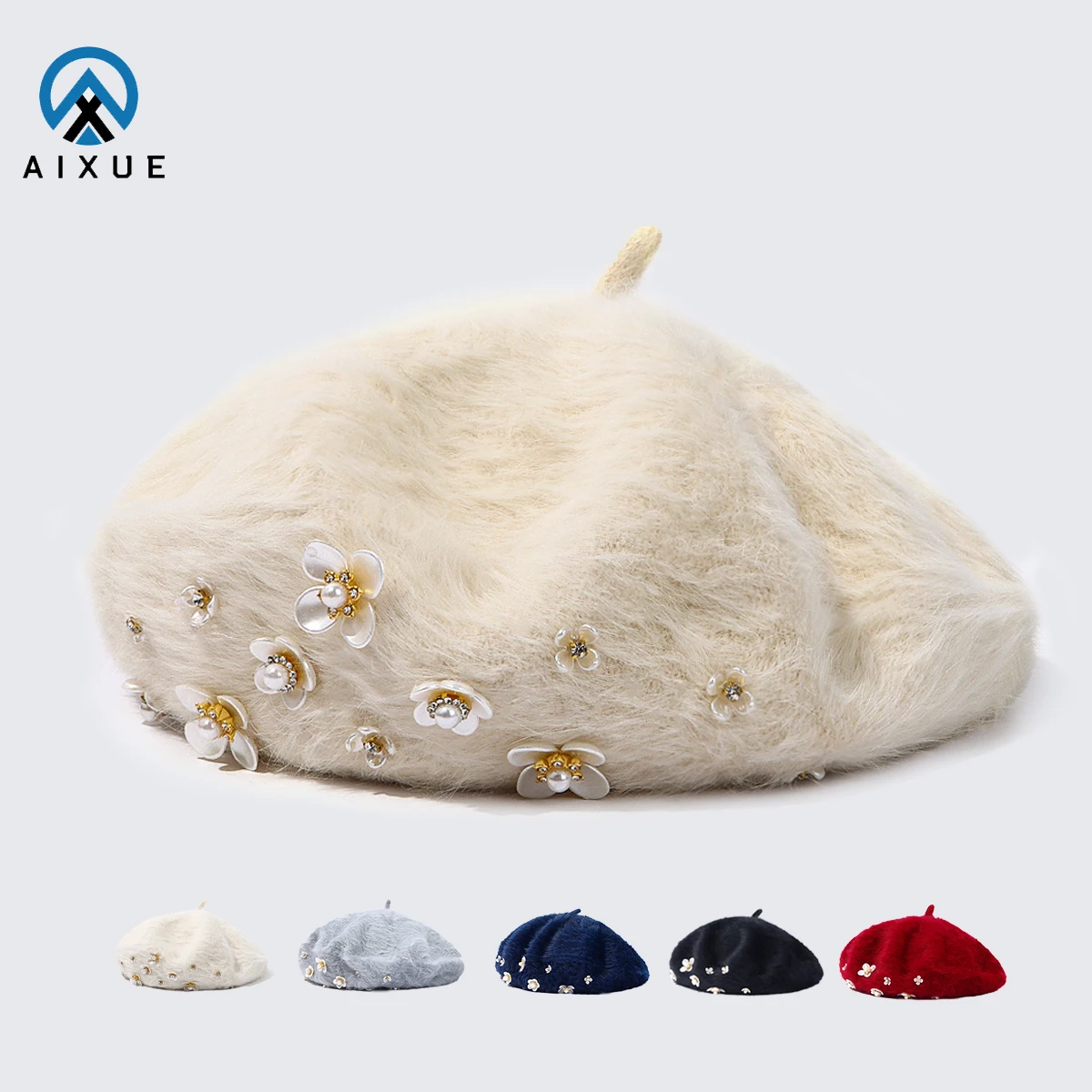 Cony Hair And Rabbit Hair Pearl Flower Ei Beret Borete De Boina Fashion Girl Autumn And Winter Cute Warm Artist Hat