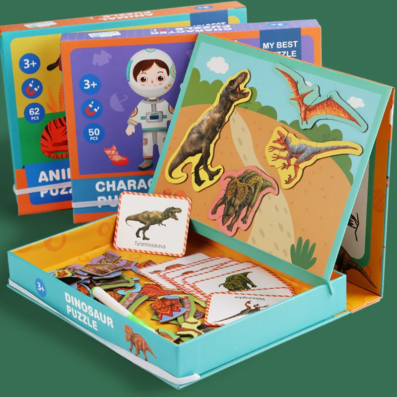 Wooden Jigsaw Puzzles Magnetic Doodle Puzzles Dinosaur Mix and Match Game STEM Fine Motor Skill Activity Puzzle for Kids
