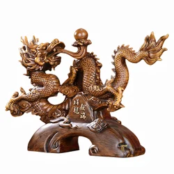 Wood Grain & Gilded Chinese Lucky Fengshui Resin Dragon Sculpture Craft Dragon Statue