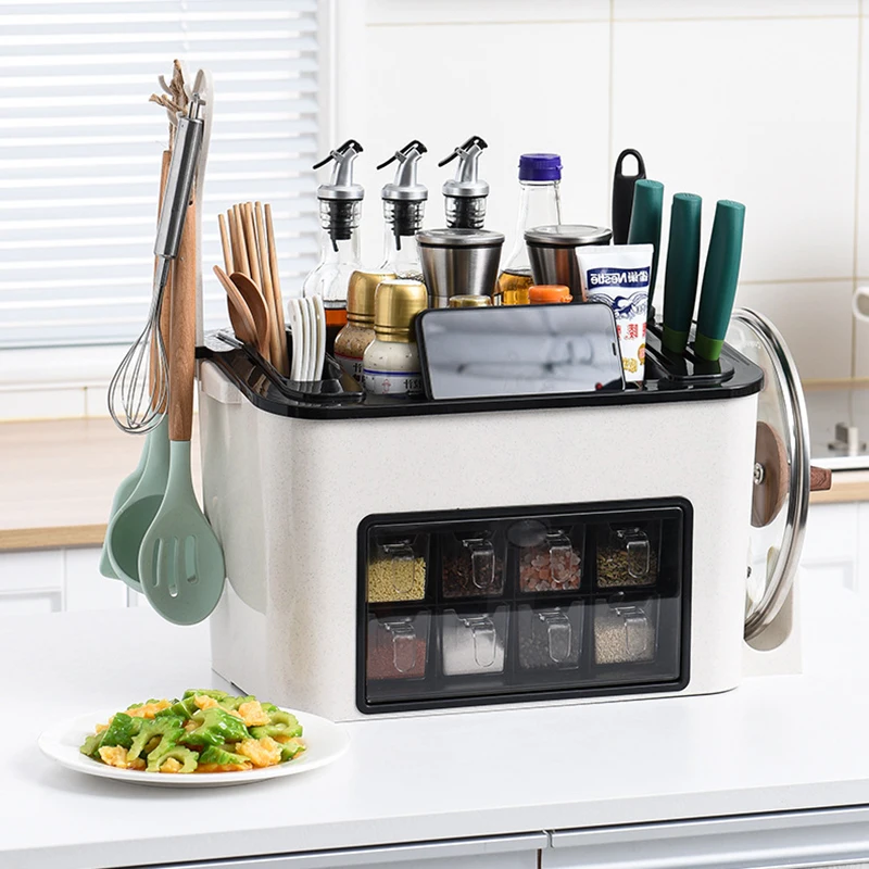 Kitchen double layer seasoning bottle storage shelf multi-function spice rack mix tool holder rack