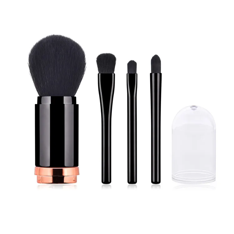 Custom 4 In 1 Make Up Brushes Cosmetic Portable Dual End Black Retractable Travel Makeup Brush Set 4 PCS Private Label Vegan