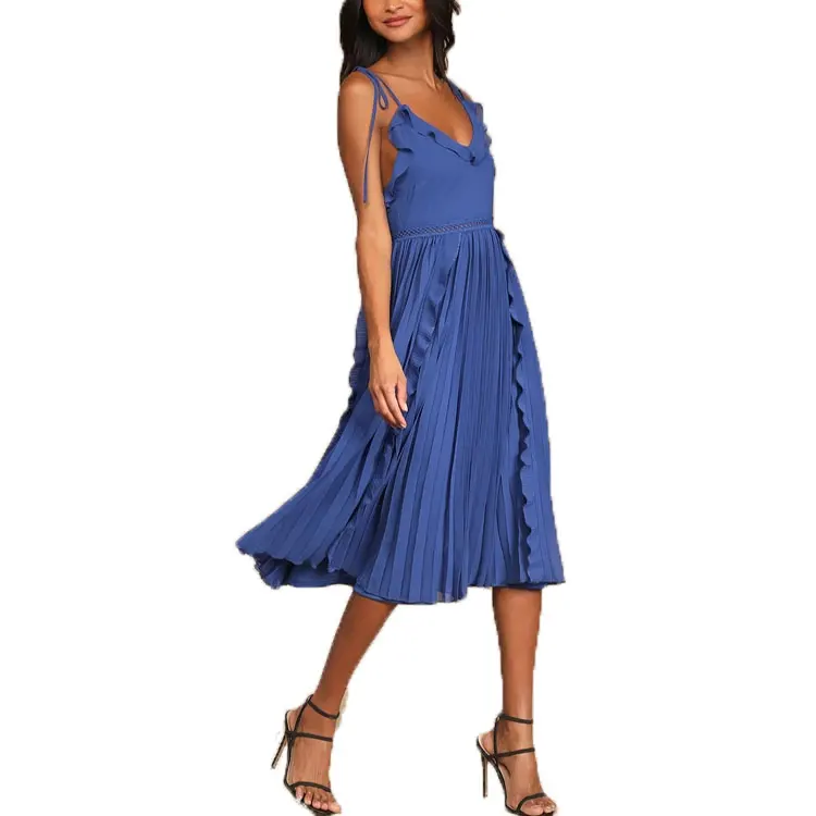 Elegant Fitted Bright Royal Blue Tie-Strap Pleated Midi Skirt Dress Polyester Zipper Ruffled Trim White Dress For Women
