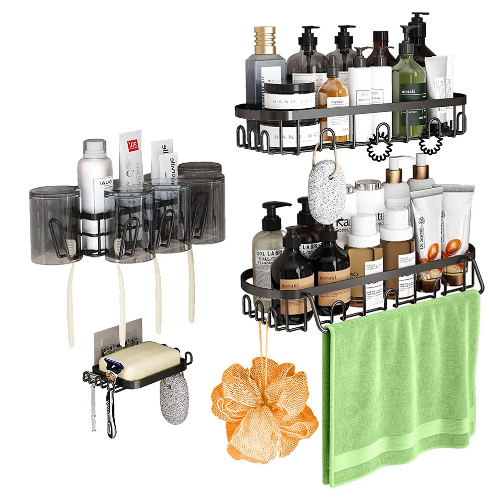 4 pack-stainless steel adhesive corner shelf shower caddy wall mounted bathroom organizers storage rack with hooks