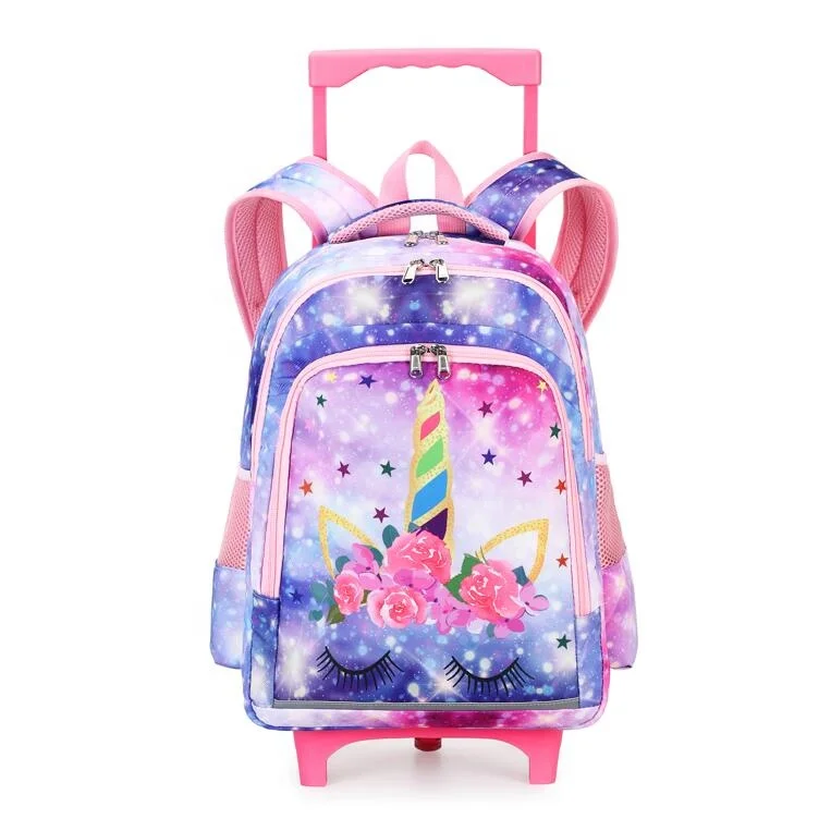Custom Printed Luggage Trolley Bags Factory Wholesale Cute Strap Student School Backpack Rolling Wheeled Kids Luggage Backpack