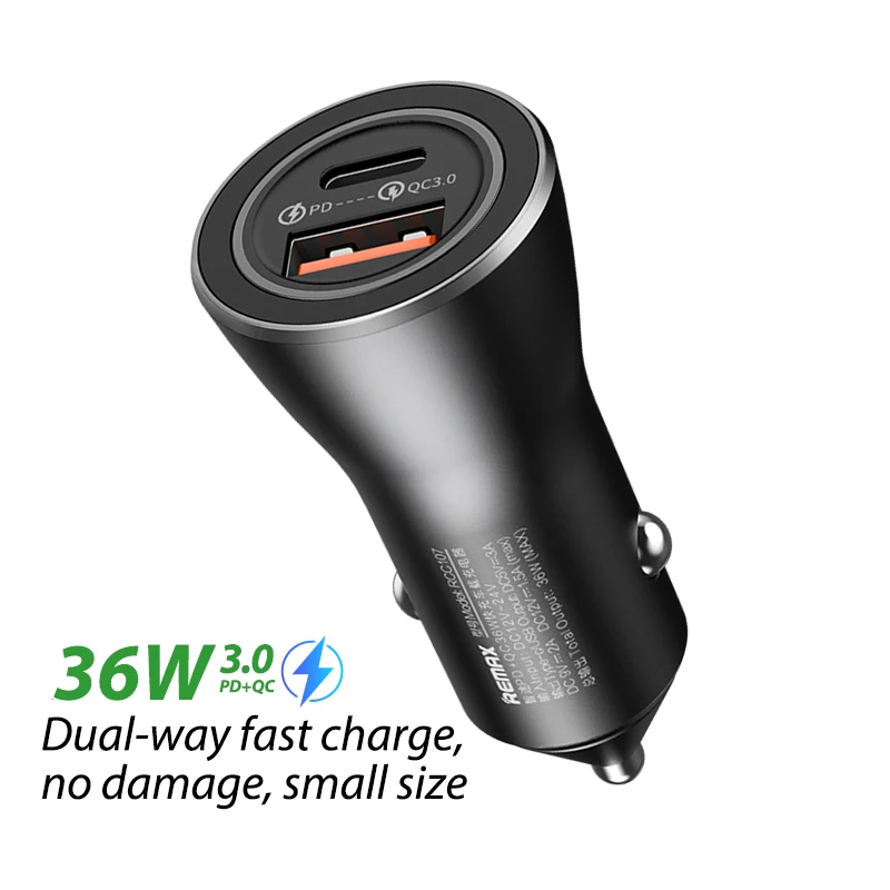 Remax RCC107 Type-c USB 2 in 1 Strong heat dissipation Charging protection 3.0 Cell Phone Cup Metal mini Car Adapter Charger