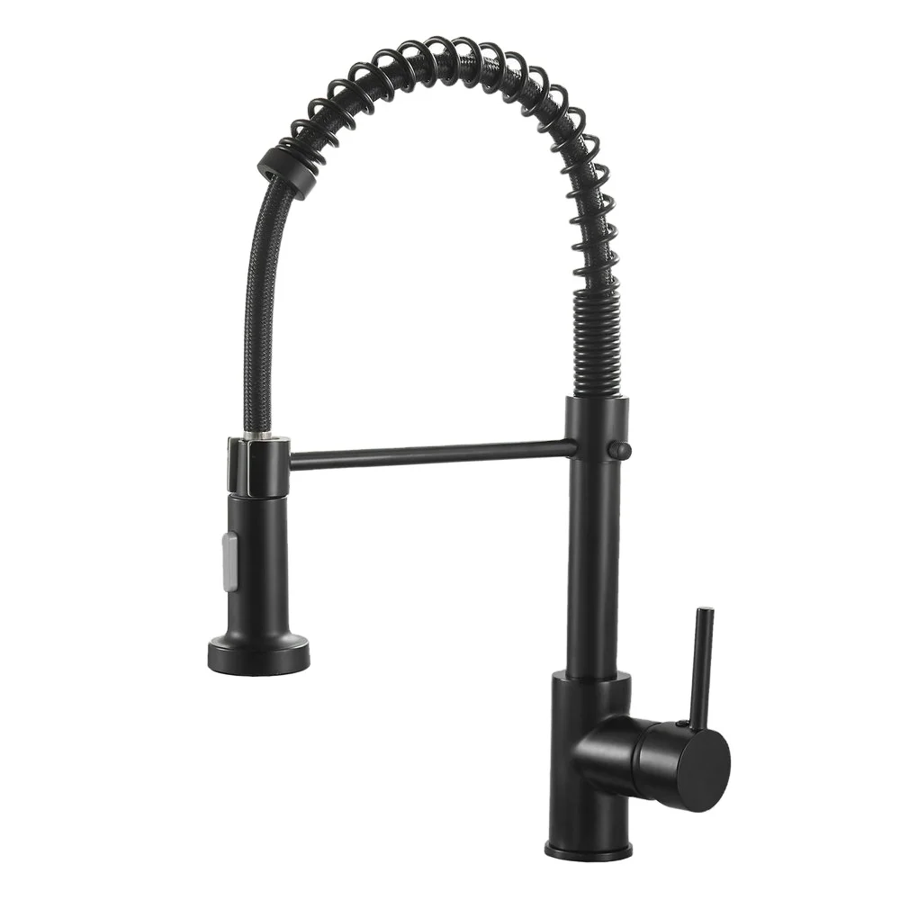 Beelee Commercial Solid Brass Single Handle Spring Kitchen Sink Faucet Matt Black Kitchen Faucet with Pull Down Sprayer