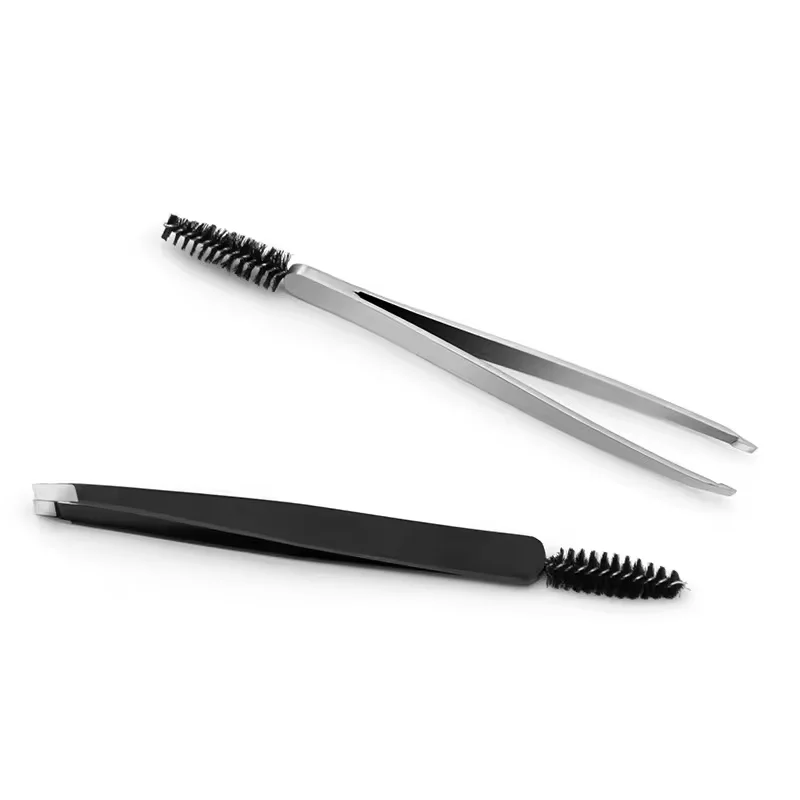 New Arrival Double Head 2 in 1 Slant Tip Hair Eyebrow Tweezers with Eyebrow Brush Stainless Steel Eyelashes Extension Tweezers