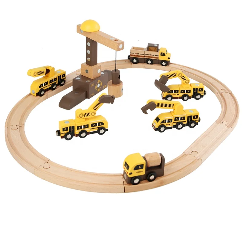Hot sale creative magnetic  DIY self-assembled engineering vehicle car track wooden block sets for kids gifts toys
