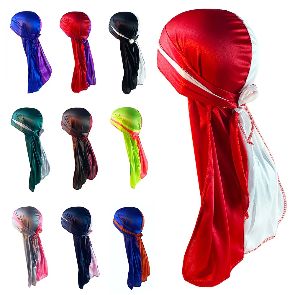 Street Hip Hop Designer Bicolor Long Tail Cap Elastic Headband Two Tone Men Polyester Slik Du Rag Durag Hat