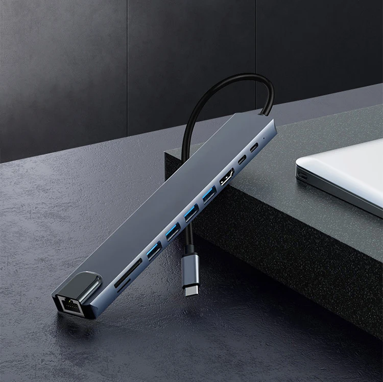 High Quality 3.0 Usb Type-C Adapt Ethernet LAN Port PD  Fast Charging RJ45 8 in 1 Multi-Port USB-C Adapter Hub