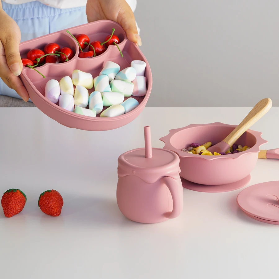 Food Safety Grade Rainbow Soft Silicone Baby Dinner Plate With Silicone Spoon Fork 3 Piece Tableware Set For Kids Toddlers