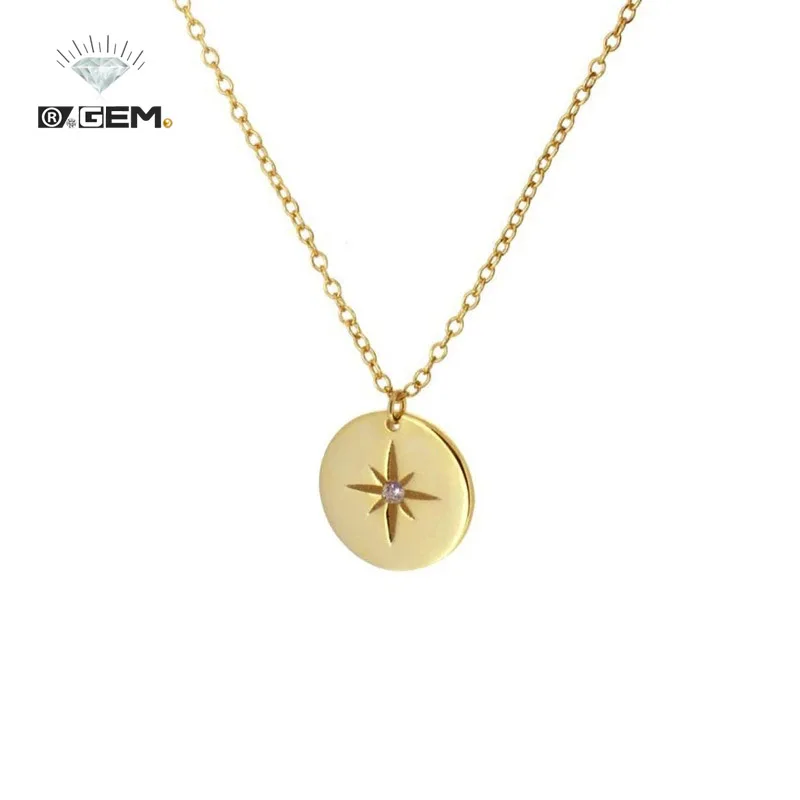 R.GEM. Shiny S925 Sterling Silver Bohemian Zircon North Star Eight Pointed Star Byzantine Choker Engraved Coin Pendant Necklace