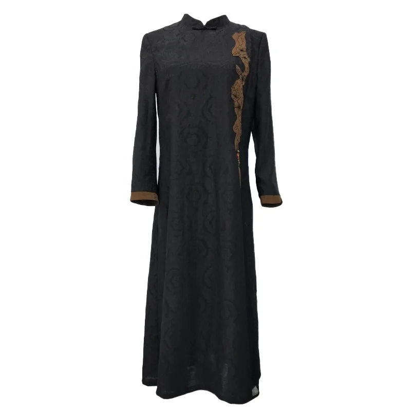 
Chinese Traditional Long Elegant 100 Silk Lin Long Sleev Dresses Cheongsam 