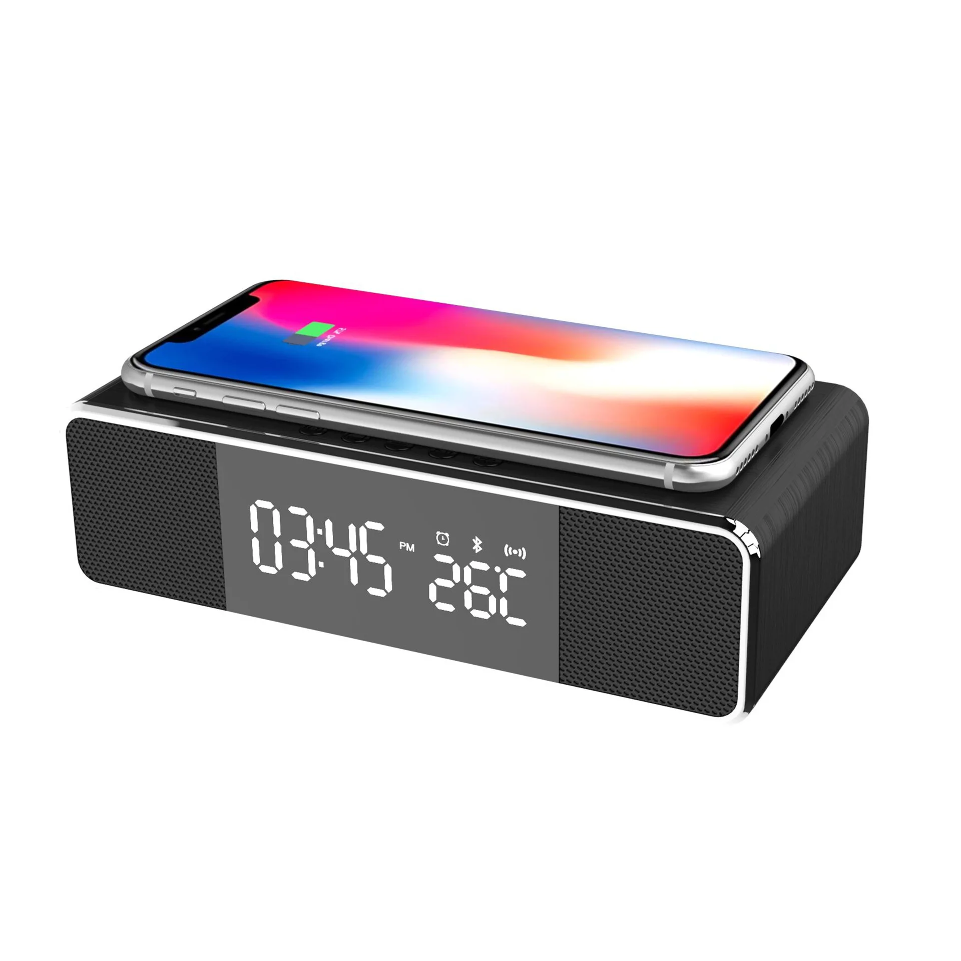
5W 10W Wireless Charging Speaker Temperature Alarm Clock Audio FM Radio Speakerphone Wireless Charger 