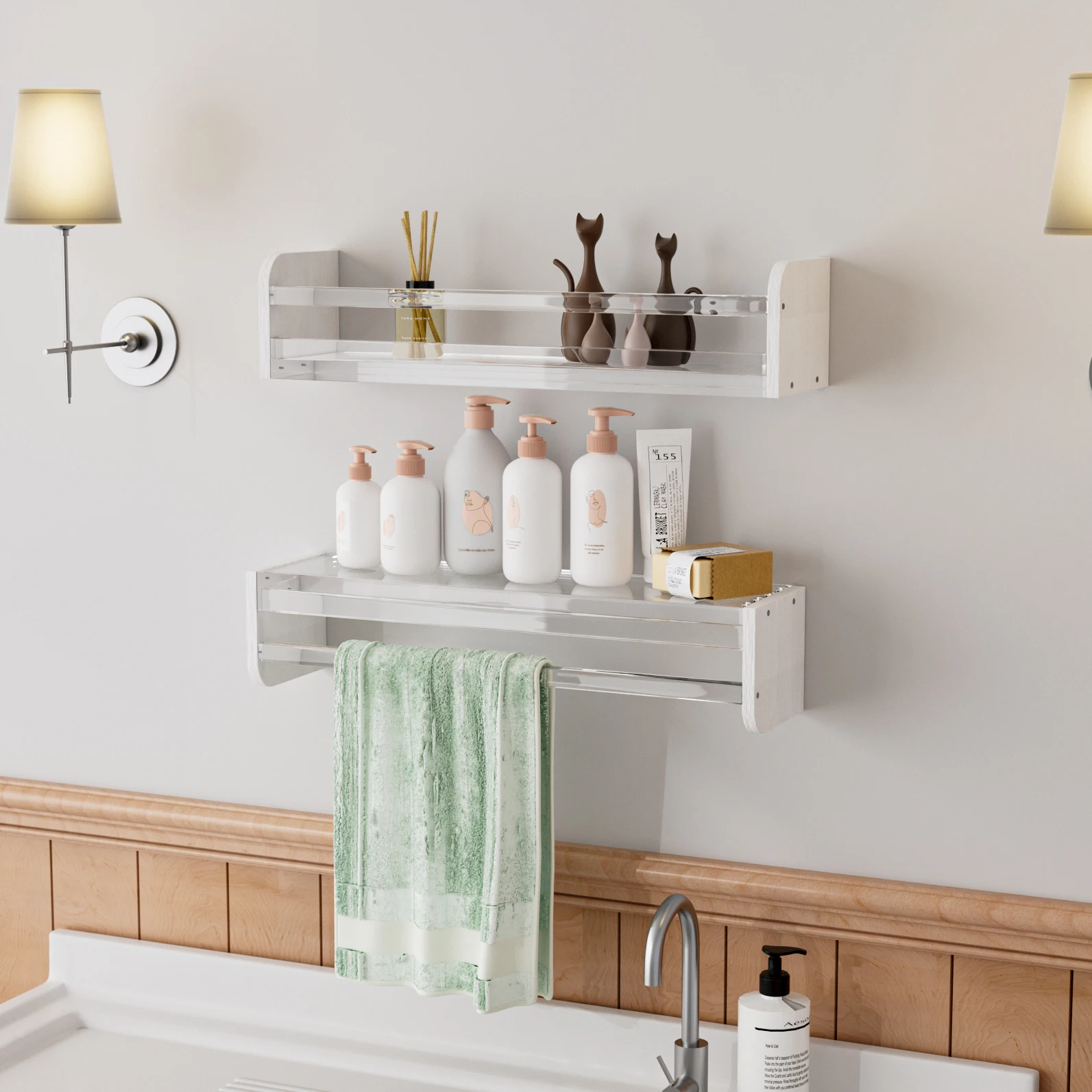 Custom Acrylic Wall Mounted Shower Rack Acrylic Wall Shelf with Solid Wood for Living Room, Bathroom, Bedroom, Kitchen, Offices