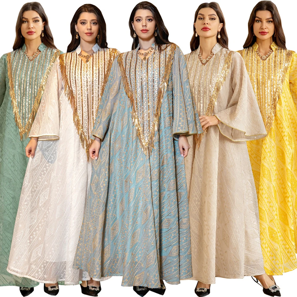 Islamic Muslim Evening Dress Arabian Dubai Mesh Embroidered Sequin Robe Jalabiya kaftan Dresses for women