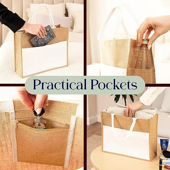 Custom logo Shopping Beach Lunch Holiday Gift Woven Handle Zipper Pocket White Jute Handbag For Women