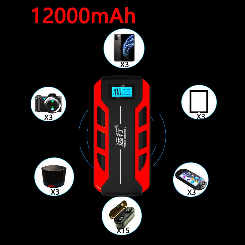 12V Car Jump Starter 12000mAh Power Bank Emergency Starting Auto Battery Booster Resccue Jump Starter