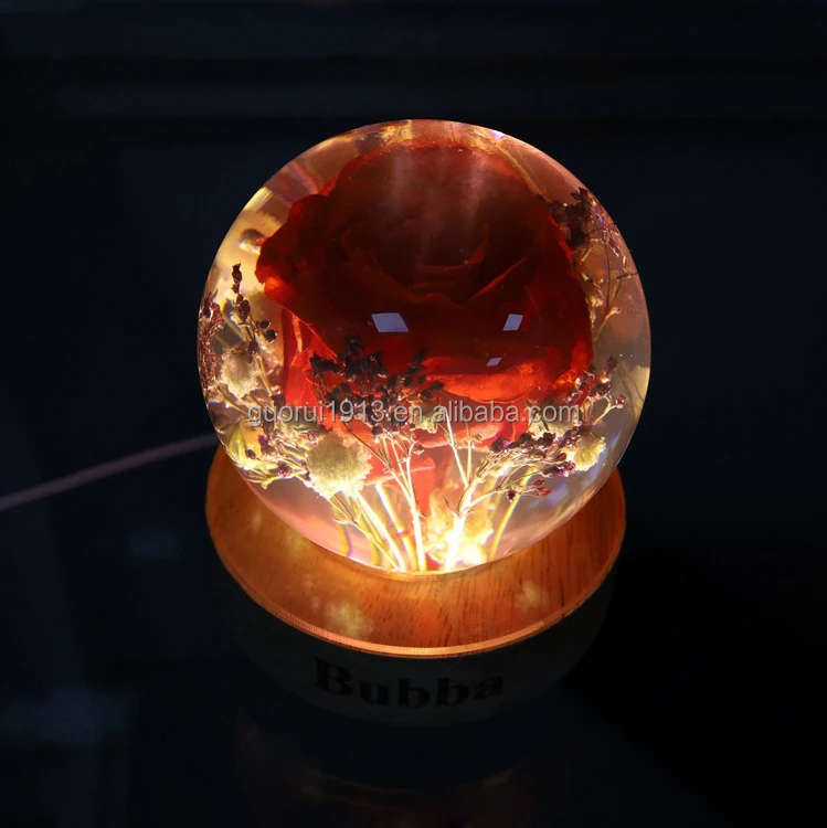 Luxury Cute Real Flower Ball Night Light Pressed Flower Crystal Wood Base Led Night Light Decoration Atmosphere Light