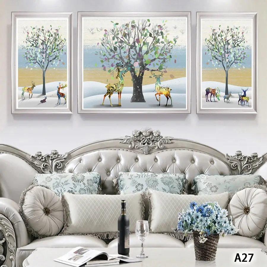 Hot Sell 3 Panel Modern Wall Canvas Deer Flamingo Peacock Animal Picture Wall Painting Artwork Home Decorative Modular Pictures