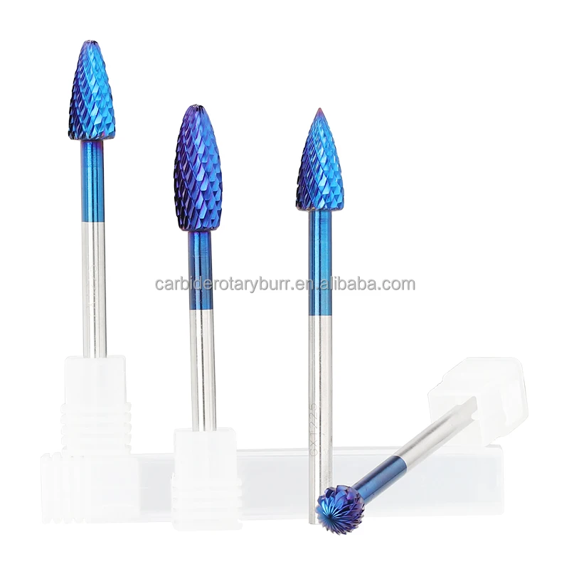 Total Length 100mm Long shank Metal File Double Cut Tungsten Carbide Rotary Burrs 6mm Shank Nano Blue Coated Rotary File burr