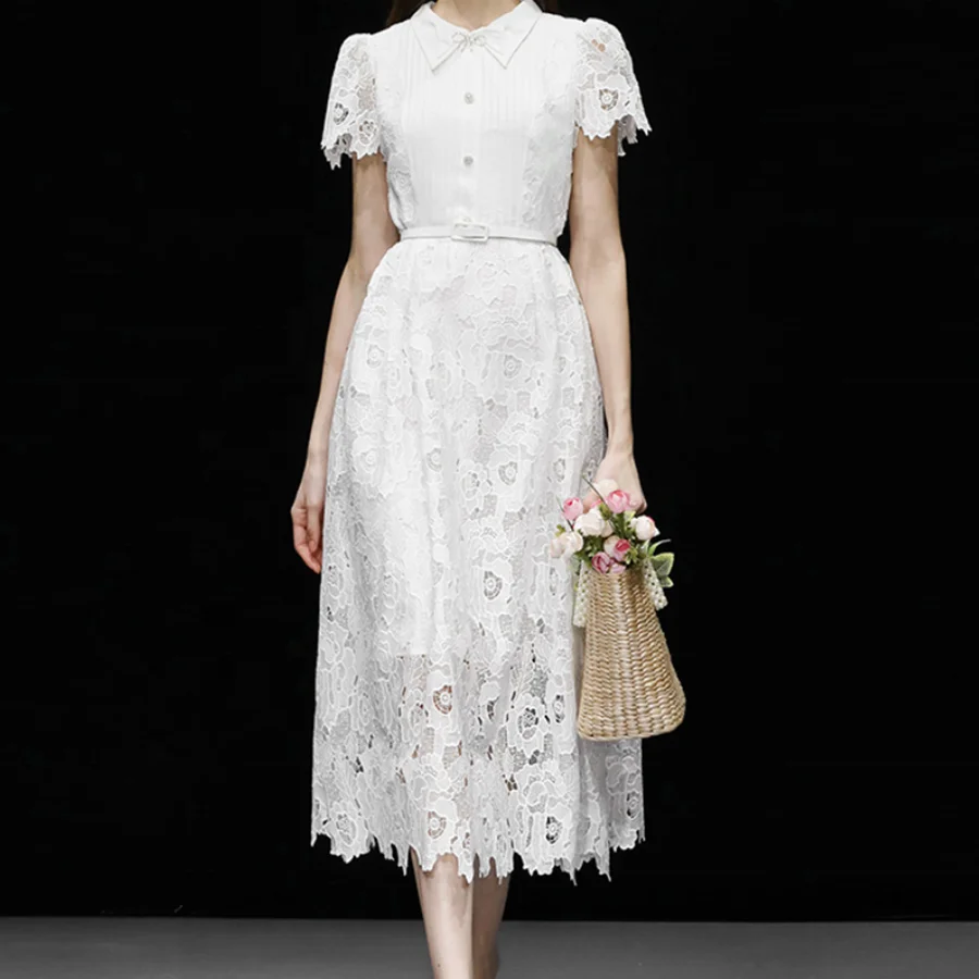 Elegant Banquet Dress 2024 Summer New Style French Lace Vintage Bubble Sleeves Wrapped Waist White Dress