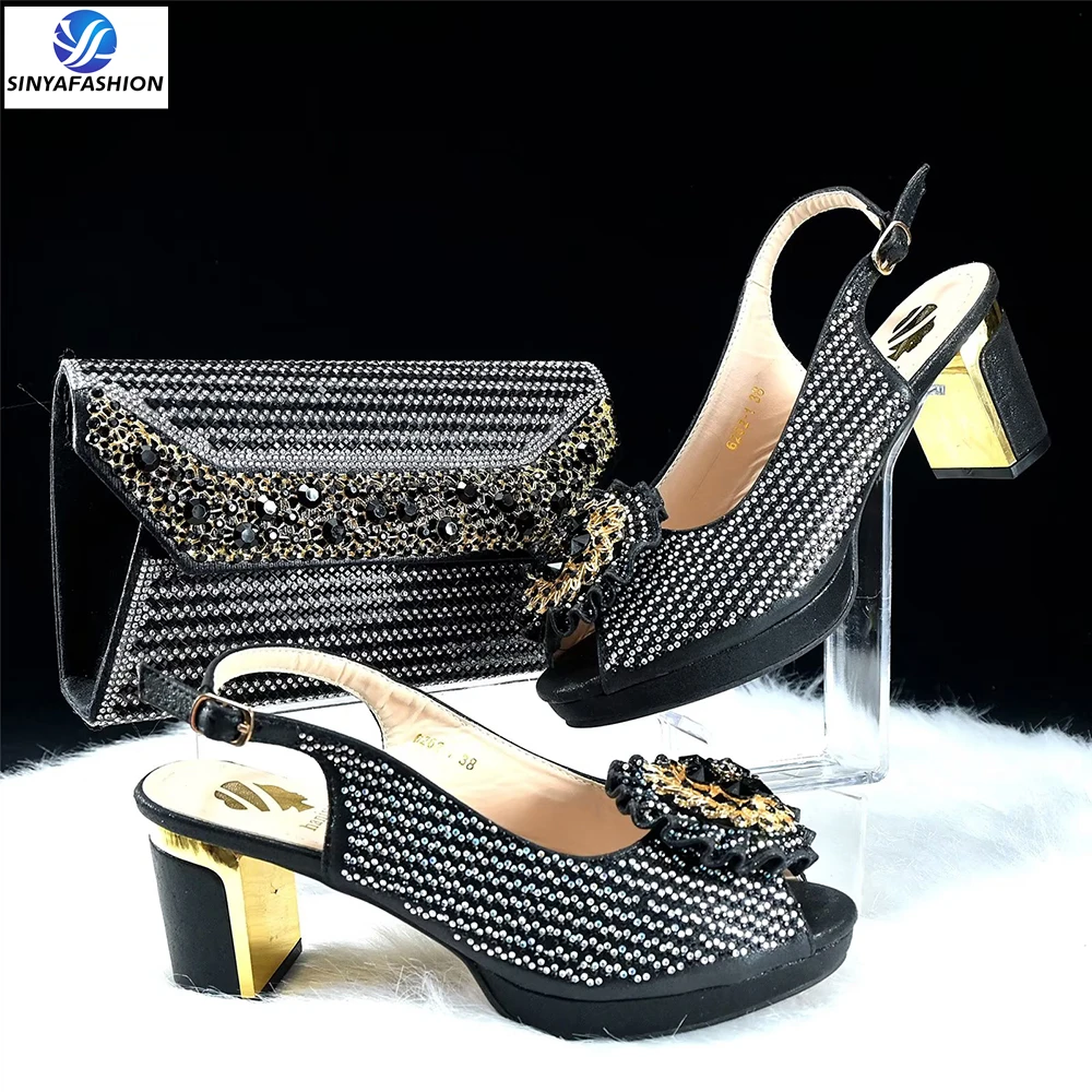 Sinya High Quality Material Shinning Design Green Red Color Design Shoes And Bags Set Rhinestone For African Women Party