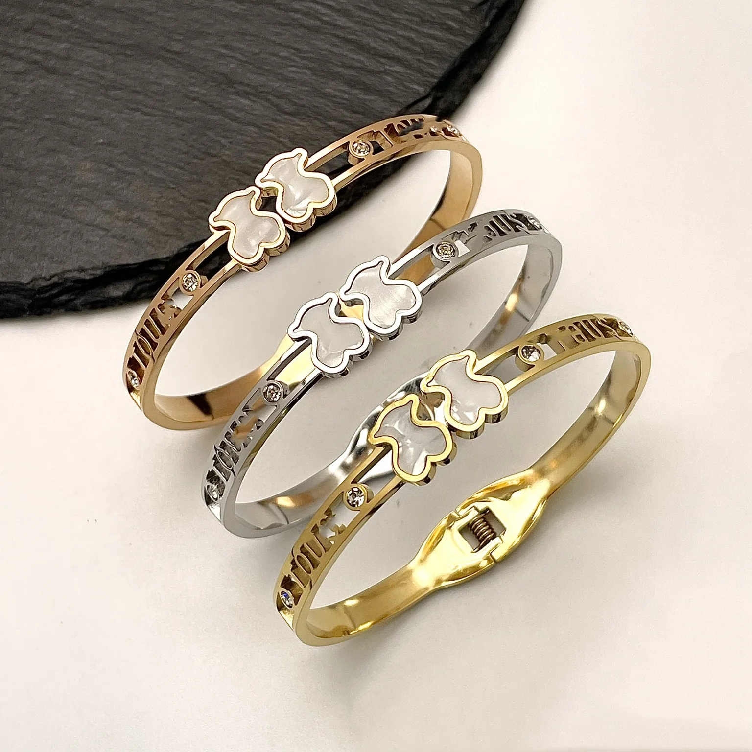 TOUSES Golden Plated Stainless Steel Shell Bear Bangle Women Waterproof Women Hollow Bracelets Bangles Jewelry
