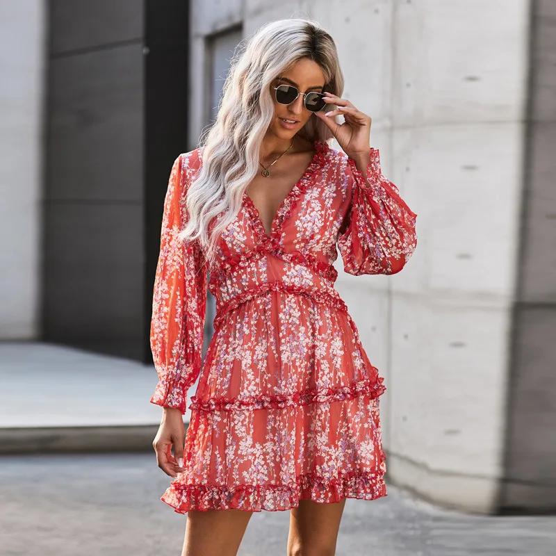 Fall 2021 Womens Plus Size Clothing Summer Women Clothes Deep V Neck Ruffle Long Sleeve Floral Elegant Mini Party Casual Dress