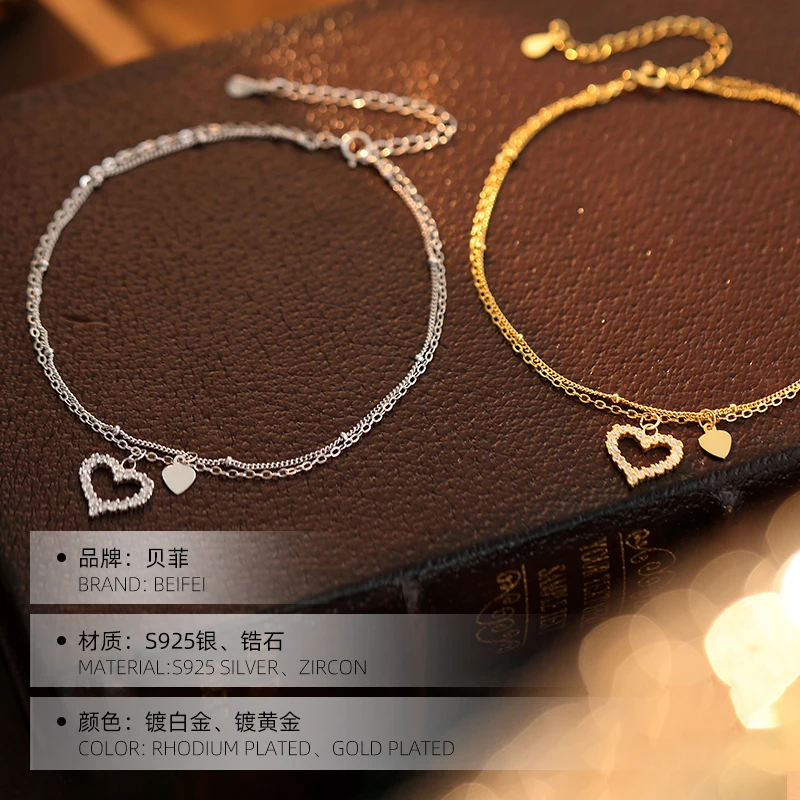 925 Sterling Silver Jewelry Gold Rhodium Plated Zircon Double Layer Heart Anklet Bracelet  Foot Chain For Women