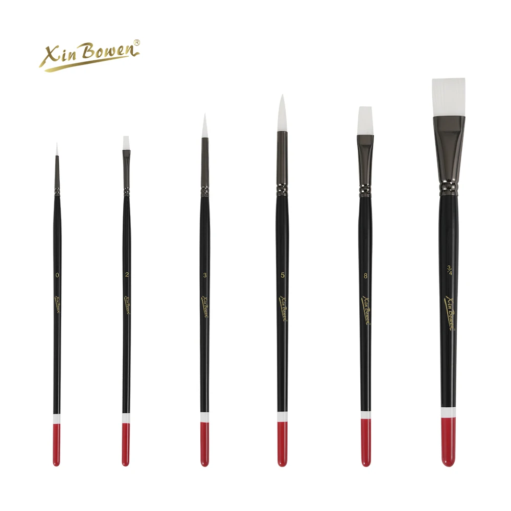 Xin Bowen Master Paint Brush Set 6-Piece Nylon Hair for Watercolor Oil Acrylic Painting Black Wooden Pole with Red Tail